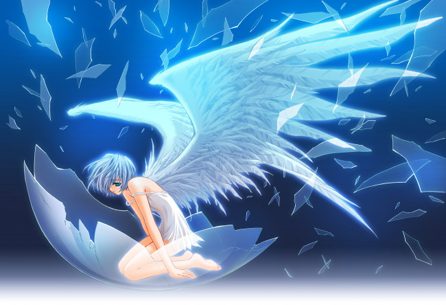 Обои картинки фото аниме, carnelian, осколки, стекло, девушка, ангел, крылья