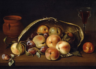 Картинка рисованное еда корзина с персиками и сливами натюрморт картина