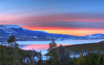 Картинка природа восходы закаты закат горы деревья озеро снег