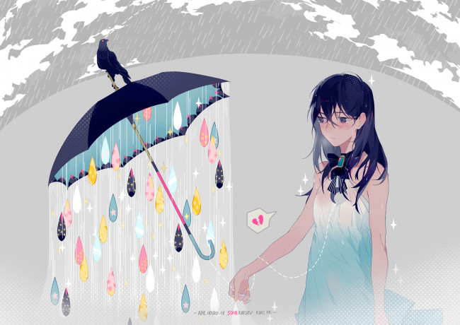 Обои картинки фото аниме, unknown,  другое, птица, зонтик, взгляд, девушка, фон