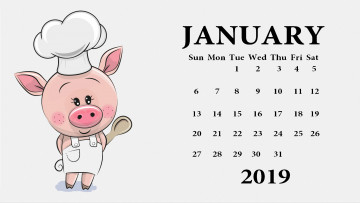 обоя календари, рисованные,  векторная графика, ложка, поросенок, колпак, свинья, повар