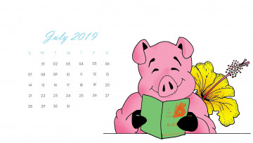 обоя календари, рисованные,  векторная графика, поросенок, цветок, книга, свинья