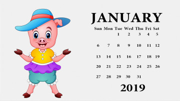 обоя календари, рисованные,  векторная графика, одежда, поросенок, свинья, шляпа