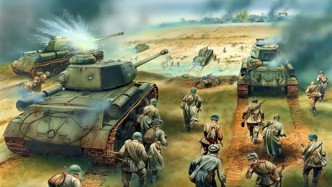Обои картинки фото рисованное, армия, танковое, сражение