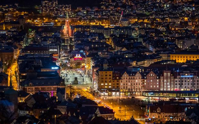 Обои картинки фото города, берген , норвегия, огни, вечер, панорама