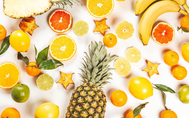 Обои картинки фото еда, фрукты,  ягоды, ананас, банан, цитрусы