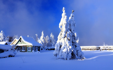 обоя природа, зима, снег, домик, деревья, ели