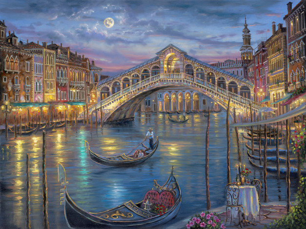 Обои картинки фото last, night, on, the, grand, canal, рисованные, robert, finale, ночь, луна, венеция, италия, канал