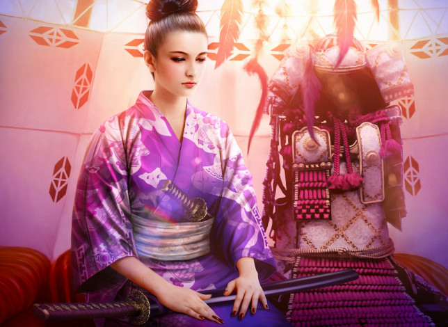 Обои картинки фото mario, wibisono, фэнтези, девушки, катана, меч, кимоно, девушка, utaku, chikako, legend, of, the, five, rings, броня
