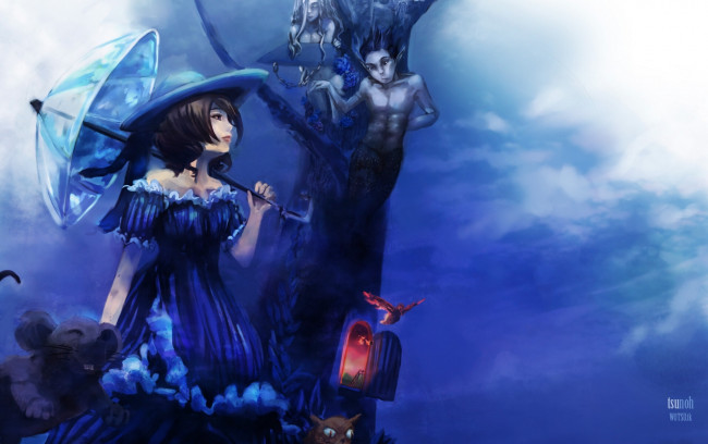 Обои картинки фото аниме, halloween, magic, девочка, зонтик, птица