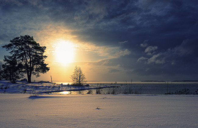 Обои картинки фото природа, зима, снег, побережье, закат, балтийское, море, финляндия