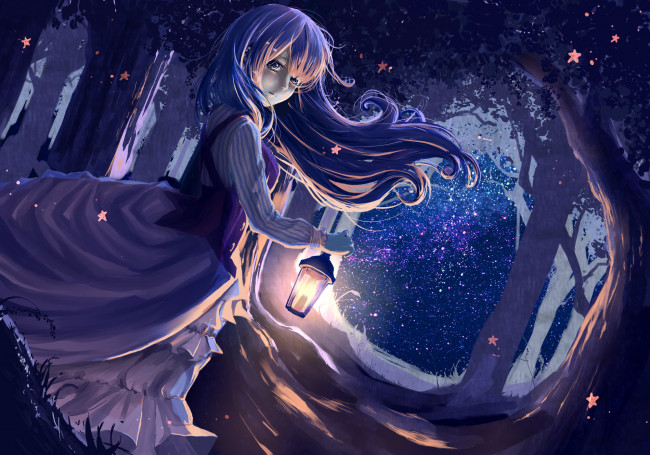 Обои картинки фото аниме, *unknown, другое, ночь, девочка, фонарь, лес