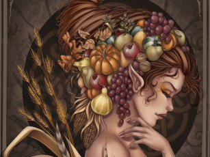 Картинка фэнтези эльфы эльфийка плоды виноград причёска профиль кукуруза тыква орехи плодородие листья колосья
