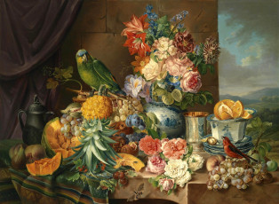 Картинка рисованные живопись натюрморт фрукты попугай