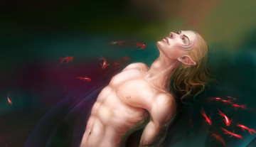Картинка фэнтези эльфы эльф рыбки блондин парень обнажён торс мускулы тело
