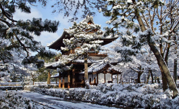 обоя города, - буддийские и другие храмы, храм, снег, зима, парк