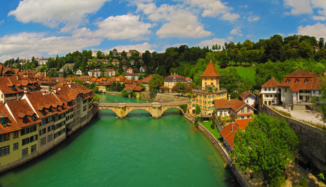 Обои картинки фото берн швейцария, города, берн , швейцария, берн, мост, панорама, река, дома