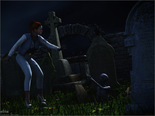 Картинка 3д+графика существа+ creatures девушка взгляд фон кладбище кресты зомби ночь испуг