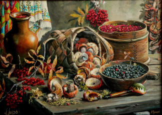 обоя рисованное, андрей лях, ягоды, арт, грибы, натюрморт, андрей, лях