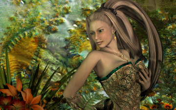 Картинка 3д+графика эльфы+ elves цветы волос фон взгляд эльфийка