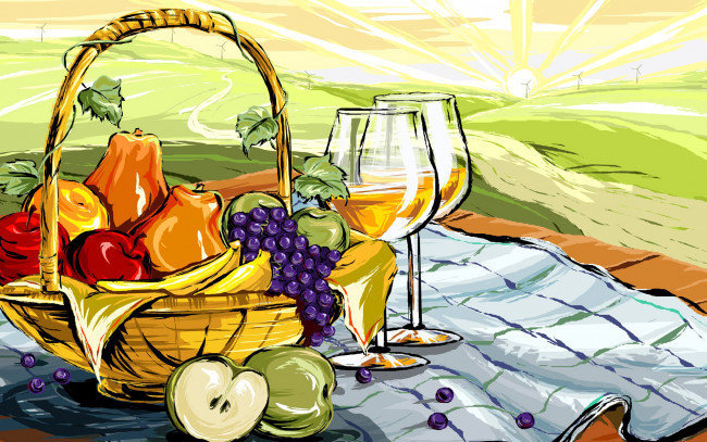Обои картинки фото векторная графика, еда, корзинка, виноград, груши, фрукты, яблоки, вектор, пейзаж, натюрморт, рисунок, вино, бокал
