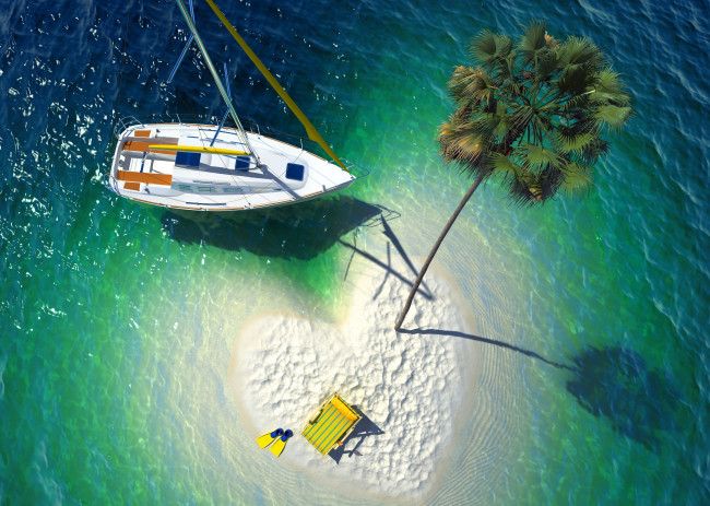 Обои картинки фото 3д графика, море , sea, вид, сверху, яхта, пальма, островок, сердце, ласты