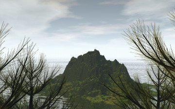 Картинка гора+в+океане 3д+графика природа+ nature океан ветки гора
