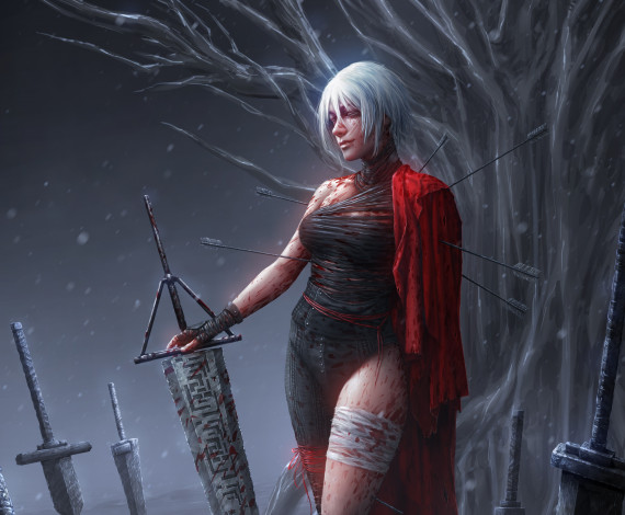 Обои картинки фото фэнтези, девушки, меч, воин, дерево, девушка, белые, волосы, фантастика, стрелы, повязка, кровь