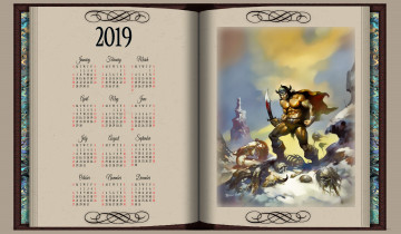 Картинка календари фэнтези мужчина книга шлем девушка оружие