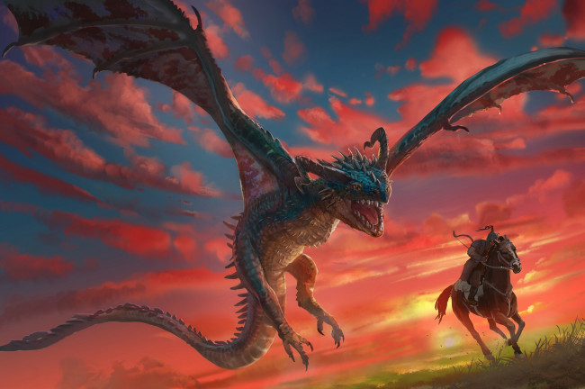 Обои картинки фото фэнтези, драконы, красный, чудовище, небо, летит, крылья, монстр, меч, пыхтит, сражение, зубы, битва, пасть, пламя, дракон