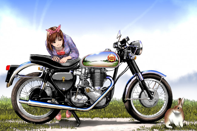 Обои картинки фото аниме, weapon, blood, technology, девушка, мотоцикл, заяц