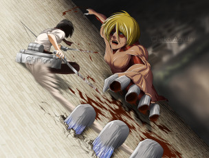 Картинка аниме shingeki+no+kyojin мечи гигант девушка female titan mikasa ackerman вторжение гигантов город стена оружие кровь