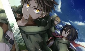 Картинка аниме shingeki+no+kyojin меч плащ парни eren jaeger armin arlert девушка mikasa ackerman