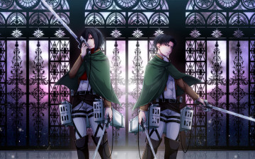 Картинка аниме shingeki+no+kyojin attack on titan shingeki no kyojin mikasa ackerman rivaille levi парень девушка двое оружие