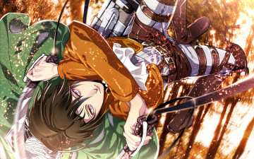 Картинка аниме shingeki+no+kyojin парень levi rivaille attack on titan shingeki no kyojin искры лес прыжок