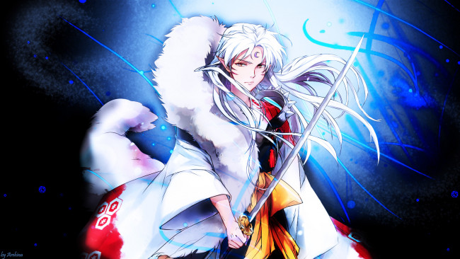 Обои картинки фото аниме, inuyasha, белые, волосы, арт, взгляд, оружие, sesshomaru