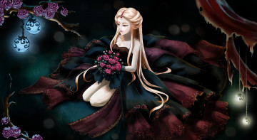 Картинка разное арты аниме девушка сидит волосы длинные лицо руки платье цветы букет розы фонари свет трава