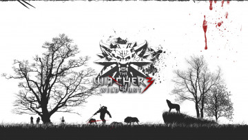 обоя the witcher 3 wild hunt, видео игры, the witcher 3,  wild hunt, деревья, логотип, волки, ниндзя, оружие