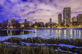Картинка города Чикаго+ сша облака огни вечер зима озеро лёд америка иллинойс чикаго небоскребы вода