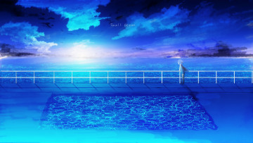 Картинка аниме unknown +другое солнце небо закат девочка океан