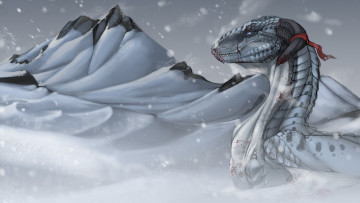 Картинка фэнтези драконы холод горы в снегу раненый кровь зима белый дракон