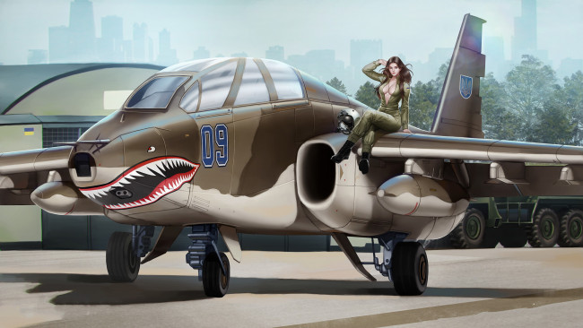 Обои картинки фото рисованное, армия, самолет, фон, девушка