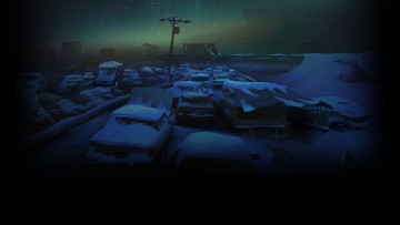 обоя видео игры, the long dark, северное, сияние, машины, снег