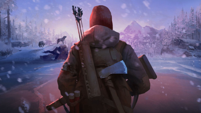 Обои картинки фото видео игры, the long dark, охотник, топор, стрелы, волки, горы, снег, лес