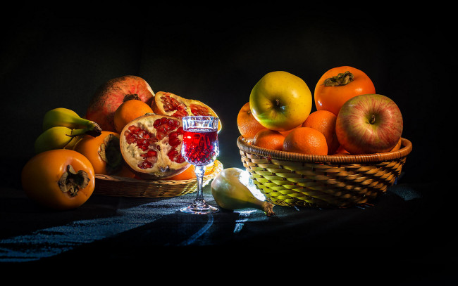 Обои картинки фото еда, фрукты,  ягоды, хурма, гранат, яблоки
