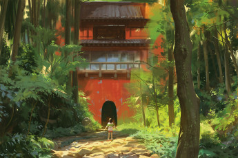 Картинка аниме spirited+away девочка лес дом