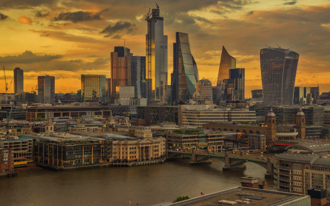 Обои картинки фото города, лондон , великобритания, река, темза, мост, небоскребы