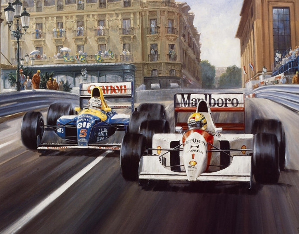 Обои картинки фото рисованные, alan, fearnley, борьба, на, финише, гоночные, машины