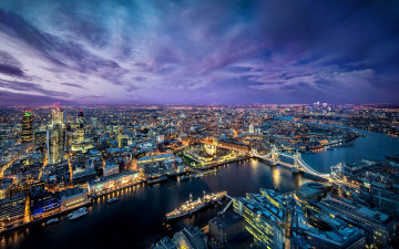Картинка london города лондон великобритания темза река панорама ночной город тауэрский мост корабли здания