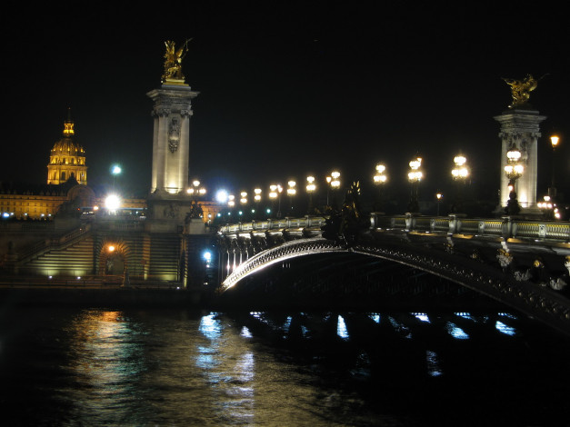 Обои картинки фото города, париж, франция, дома, мост, ночь, огни